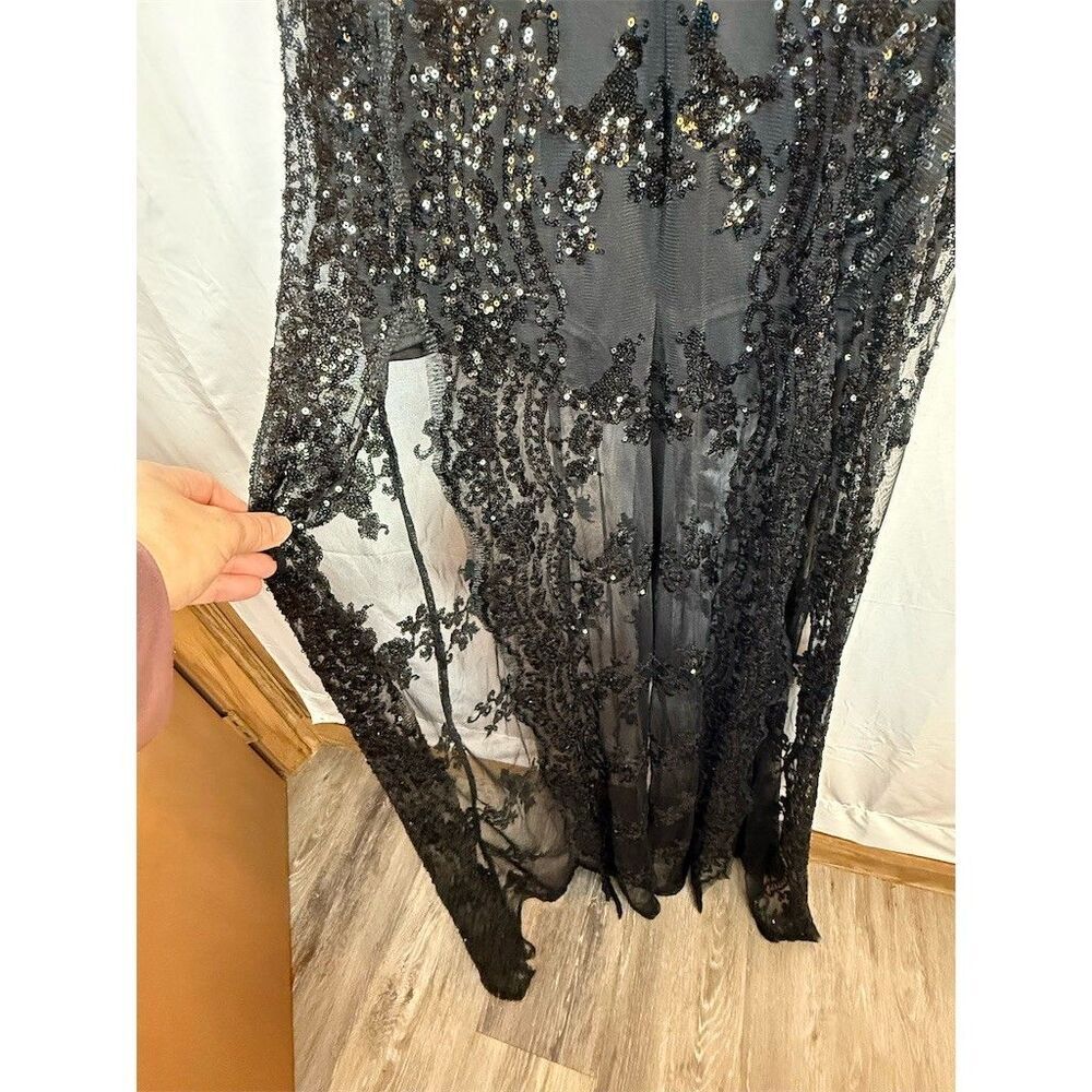 Womens Fashion Nova Formal Jumpsuit 1X Black Sequin Lace Overlay Maxi V-Neck - Picture 4 of 16